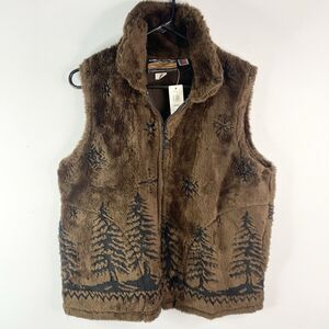 Cobblestone Canyon Fleece Vest Small Faux Fur Trees Winter Snow USA NWT Vtg